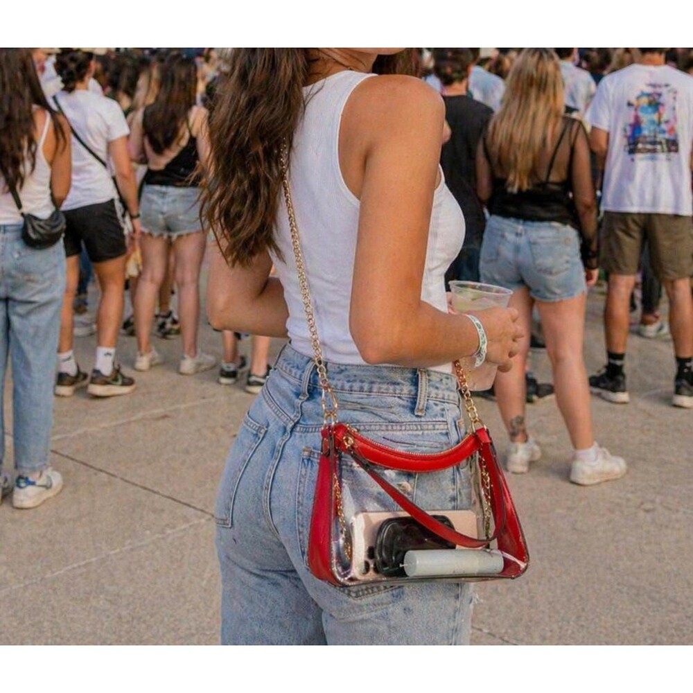 Clear Red Trim Satchel Bag, Gold Chain Crossbody, Stadium Approved Concert Bag